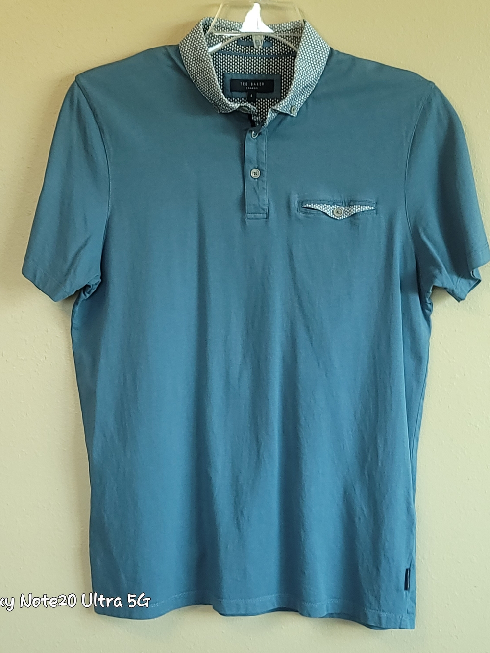 Ted Baker London Men's Polo Shirt Size 4 L Teal Blue Contrast Geometric Collar